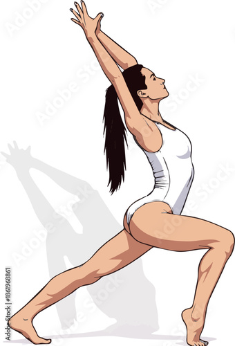 Create a female gymnast in a white bodysuit standing vector art with white background.