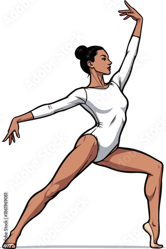 Create a female gymnast in a white bodysuit standing vector art with white background.