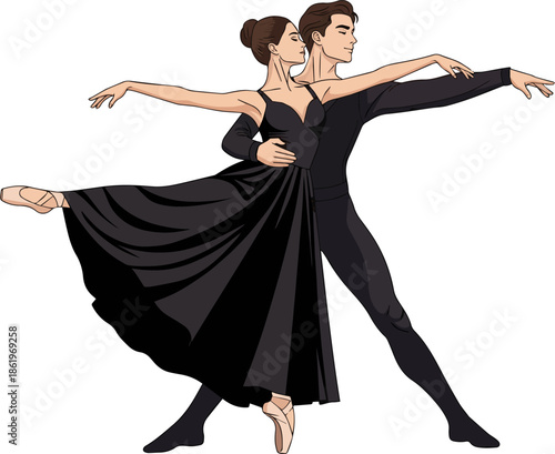 Create a realistic Modern ballet dancer with long flowy black dress posing with a male dancer vector art with white background.