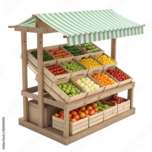 Miniature Wooden Market Stall with Fresh Fruit and Vegetable Display Isolated on White