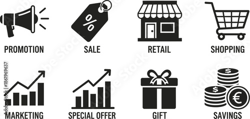 Collection of eight black and white minimalist icons representing essential commercial concepts like sales promotion retail shopping marketing special offer gift and savings