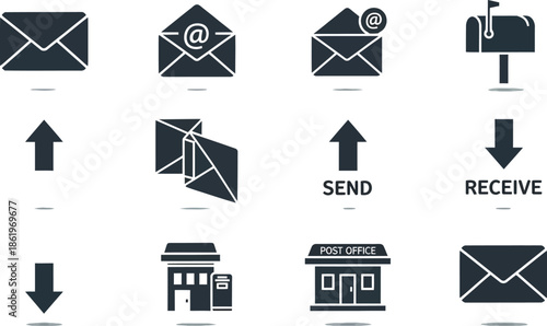 Collection of dark communication and mail icons including envelopes mailboxes post office symbols and arrows representing digital or physical message exchange