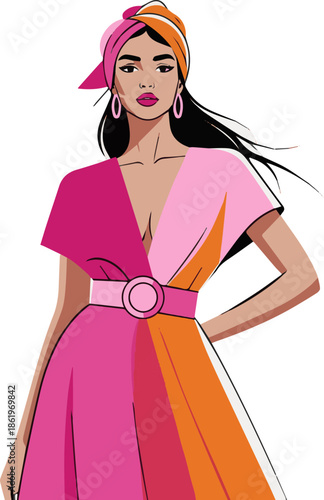  Create a realistic Fashionable woman wearing a colorful feminine outfit standing vector art with white background. 