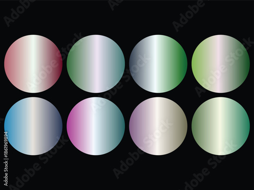 Eight metallic gradient circles arranged in a grid on a black background