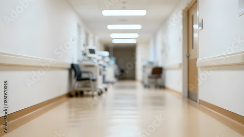Long Empty Hospital Corridor with Blurred Medical Equipment