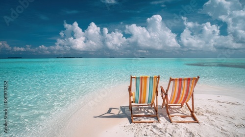 Tropical beach paradise with colorful chairs on pristine white sand by turquoise ocean.