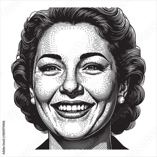 Black and white illustration of a woman with curly hair smiling female portrait
