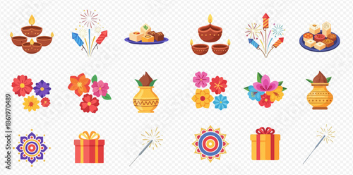 Diwali festival elements set with traditional lamps, sweets, flowers, and firecrackers.