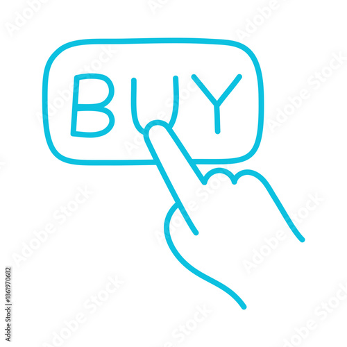 A blue line art illustration of a hand pressing a 'BUY' button, representing online shopping, e-commerce, and consumer action.