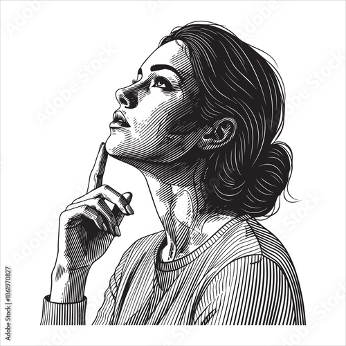 Black and white illustration of a woman with finger on chin looking up female portrait