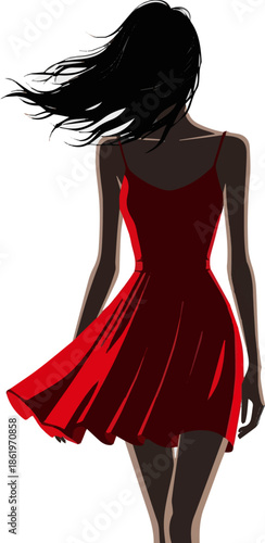 Create a Woman in a red summer dress walking in backlight with wind blowing her hair, vector art with white background.