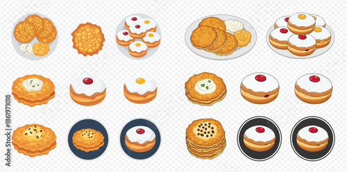 Hanukkah holiday food set with latkes, sufganiyot, and other traditional desserts.