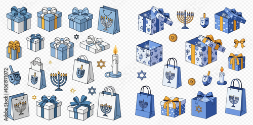 Hanukkah holiday gifts, menorah, dreidel, and candle set for Jewish celebration.