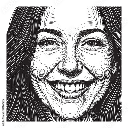 Black and white line art portrait of a woman with a wide smile face happy