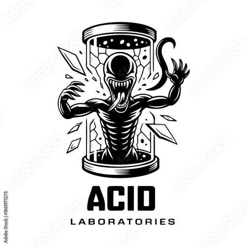 Grotesque Alien Creature Breaking Glass in Laboratory Illustration
