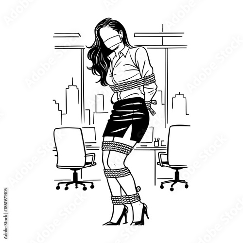 Business Woman Tied in Office Concept Illustration Black and White