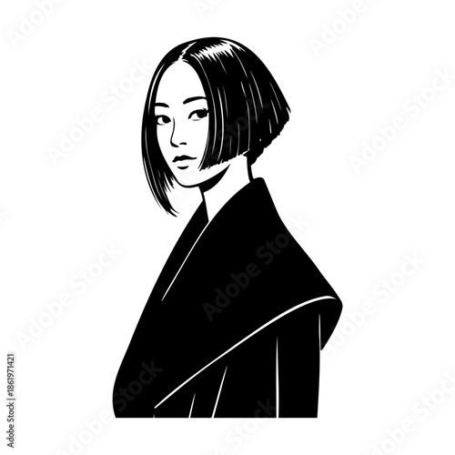 Woman with Short Hair Wearing Traditional Attire Line Art Portrait