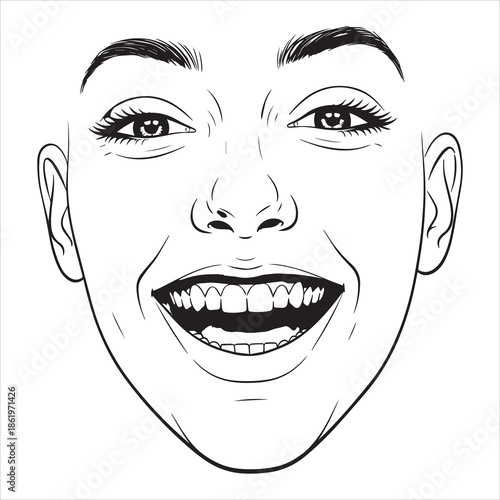 Black and white line drawing of a woman's face laughing with mouth open female head