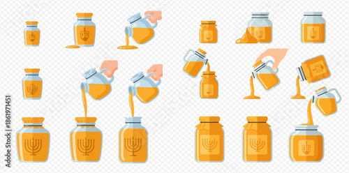 Set of honey jars and pouring honey illustrations for Rosh Hashanah celebration.