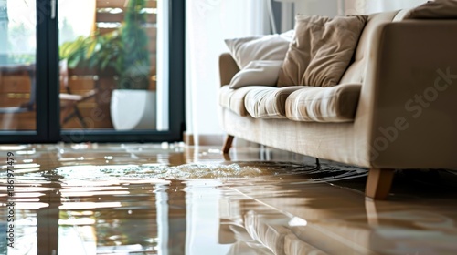 A flooded living room with water covering the floor. A beige sofa with cushions is visible. Large windows allow natural light to enter the space.