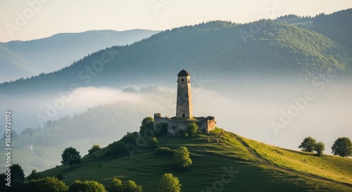Old stone tower on a sunlit misty hill, surrounded by mountains