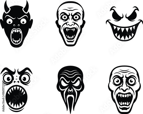 Black And White Demon And Monster Faces Vector Set on Transparent Background.