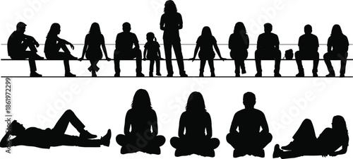 Black people silhouettes set, men and women sitting on bench, group of people relaxing, children and adults figures, isolated human shapes, crowd vector elements,