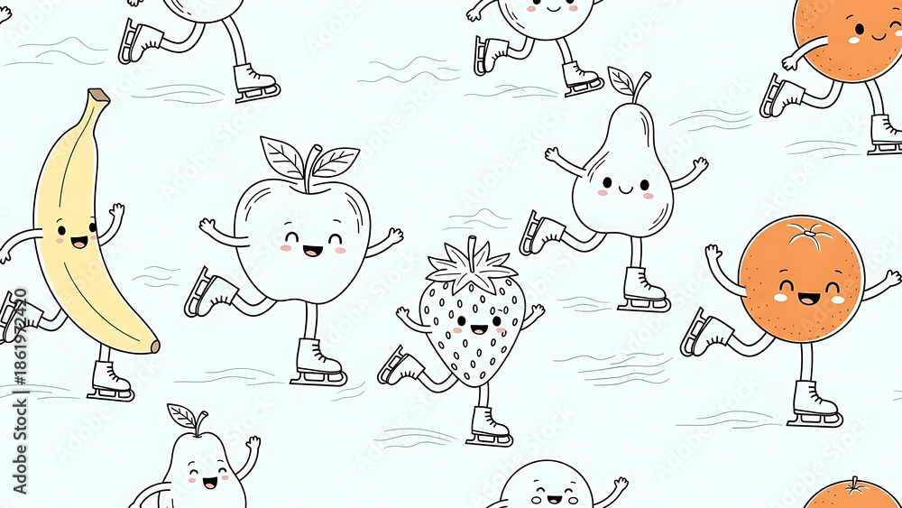 Monochromatic seamless pattern of adorable fruit characters wearing ice skates and enjoying winter sports