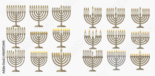 Set of vector illustrations of menorah with burning candles for Hanukkah celebration.