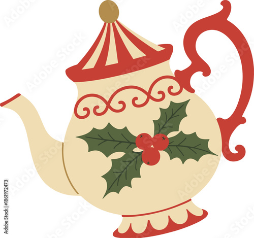 Decorative teapot with holly and berries for Christmas season Keywords: teapot, kettle, tea