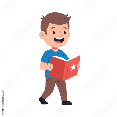 Children's happy cartoon boy reading a book with a star emblem cheerful educational scene