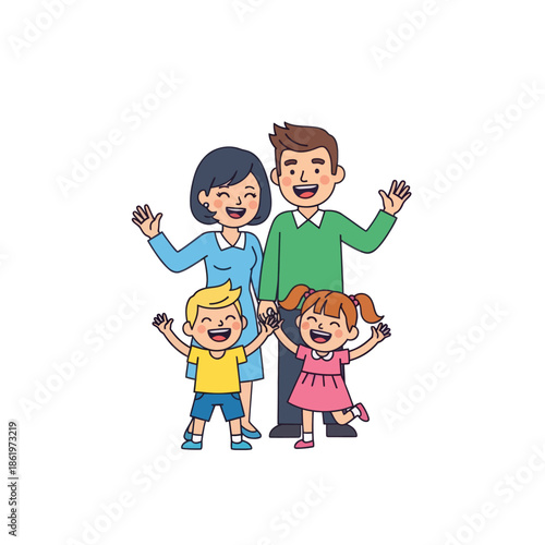 Playful animated family of four celebrating happiness and togetherness in a colorful cartoon scene