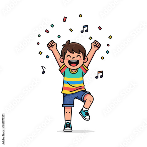 Joyful young boy celebrating dance with confetti and musical notes expressing happiness and fun