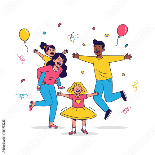 Joyful family celebrating together with balloons and colorful confetti in a vibrant and cheerful