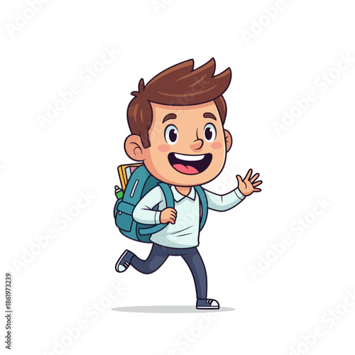 Joyful young boy with brown hair wearing a backpack and walking briskly while waving happily in a