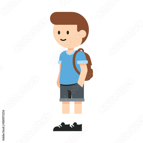 Adventurous young boy with backpack dressed casually standing outdoors ready for exploration