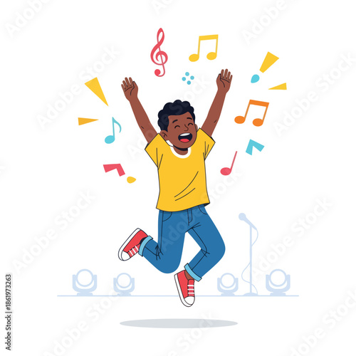 Joyful child jumping with arms raised amidst colorful musical notes and vibrant energy