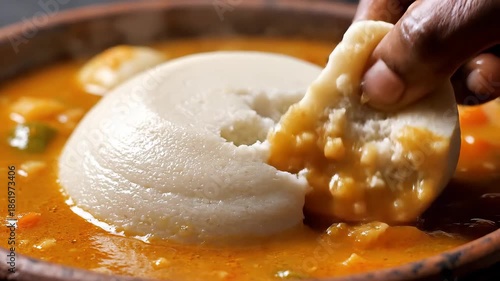 Closeup view of a persons hand expertly preparing a traditional African Fufu dish creating an indentation in the soft starchy dough before scooping it with a rich flavorful soup or stew showcasing au.