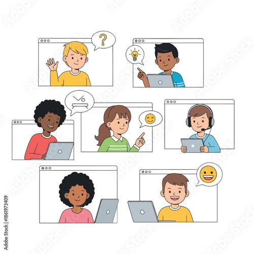 Diverse group of children engaged in a virtual learning environment during online class interaction