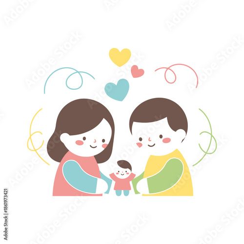 Whimsical Illustration of a Heartfelt Family Moment Featuring Smiling Parents and Child with
