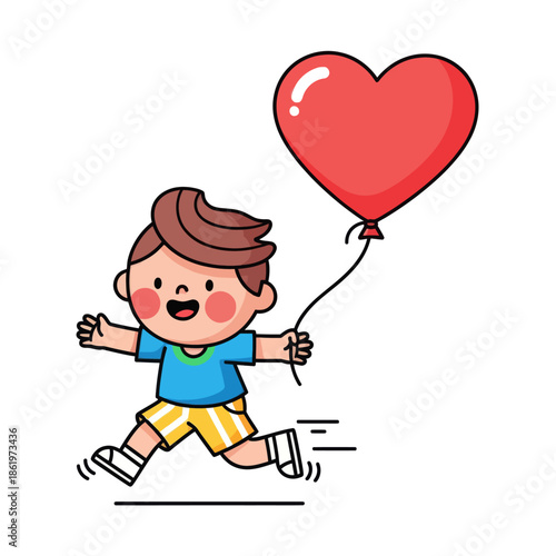 Whimsical Illustration of a joyful child holding a heart-shaped balloon in a playful scene
