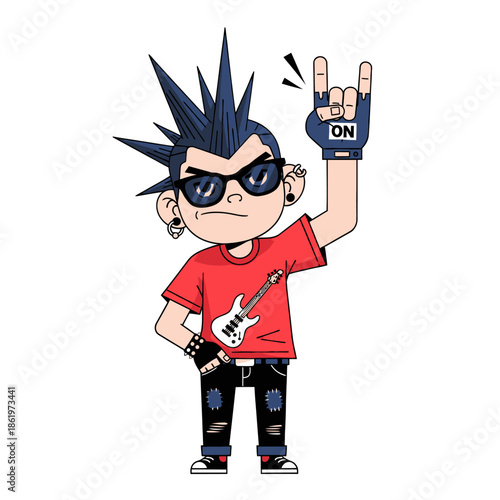 Cute rebellious cartoon rocker with spiky hair wearing sunglasses and a red t-shirt making a rock