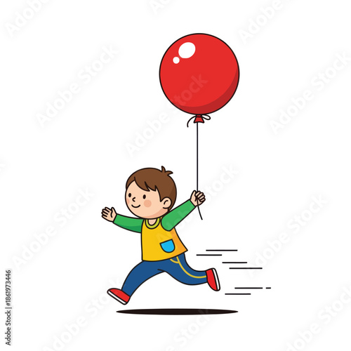 Whimsical illustration of a joyful child running with a bright red balloon in a playful scene