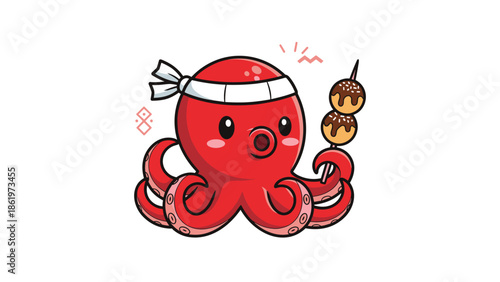 Charming red octopus mascot wearing a white headband and holding a skewer of takoyaki balls against a plain white background.