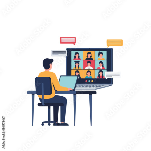 person engaging in virtual meeting through online video conference on digital device in a modern