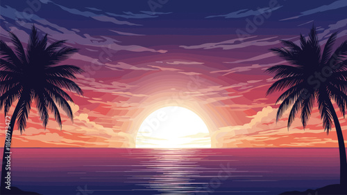 Stunning tropical sunset scene with a large orange sun sinking into the calm ocean framed by dark palm tree silhouettes on the beach.