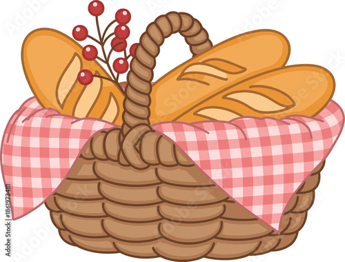 Picnic Basket with Baguettes and Red Berries on Gingham Cloth wicker bread