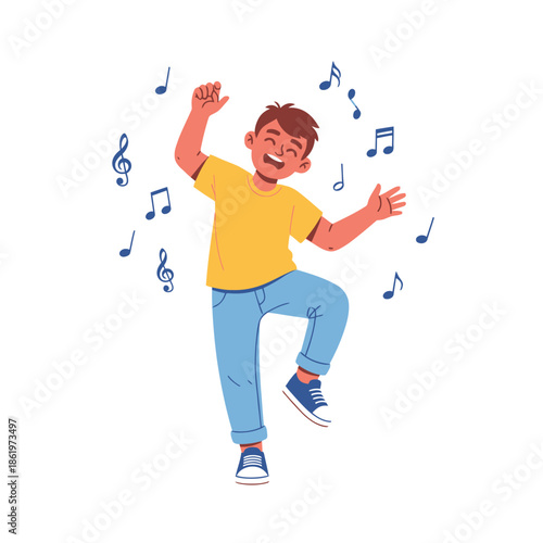 Joyful boy dancing and singing amidst musical notes capturing pure happiness and carefree spirit