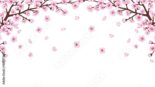 Lovely frame composed of pink cherry blossom branches with delicate petals falling gracefully across a clean white background.