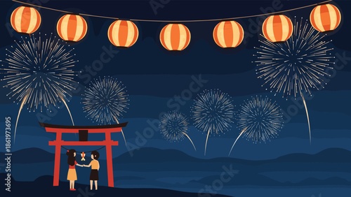 Two people enjoying traditional Japanese summer festival with fireworks and paper lanterns near a red torii gate at night.